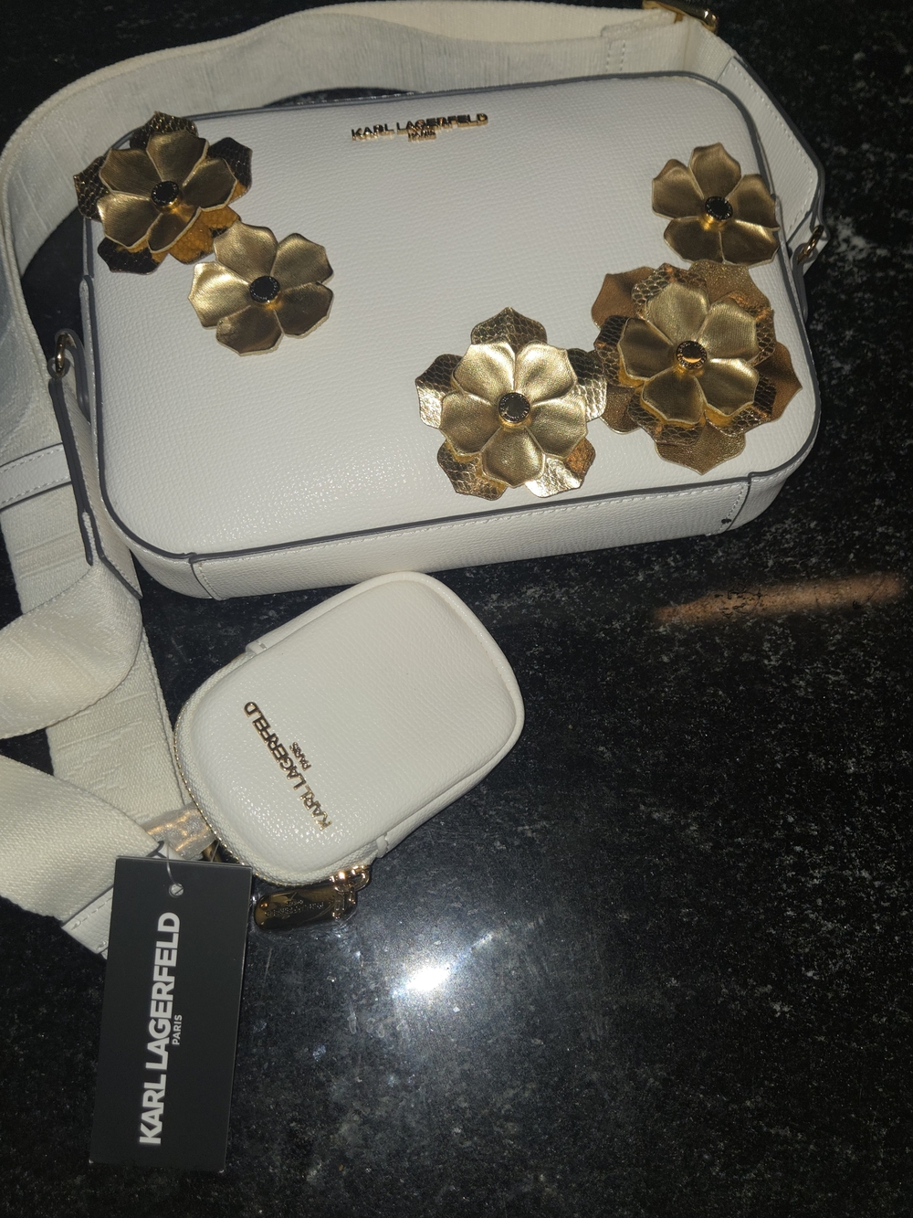 Karl Lagerfeld White Crossbody Bag with Gold Floral Accents - Picture 1 of 4